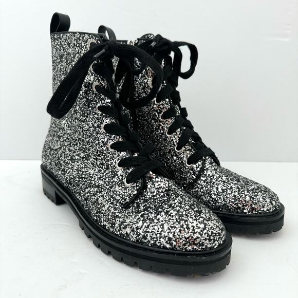 Kate Spade Jemma Silver Glitter Leather Combat Boots Women's 6.5 NEW - Picture 5 of 13